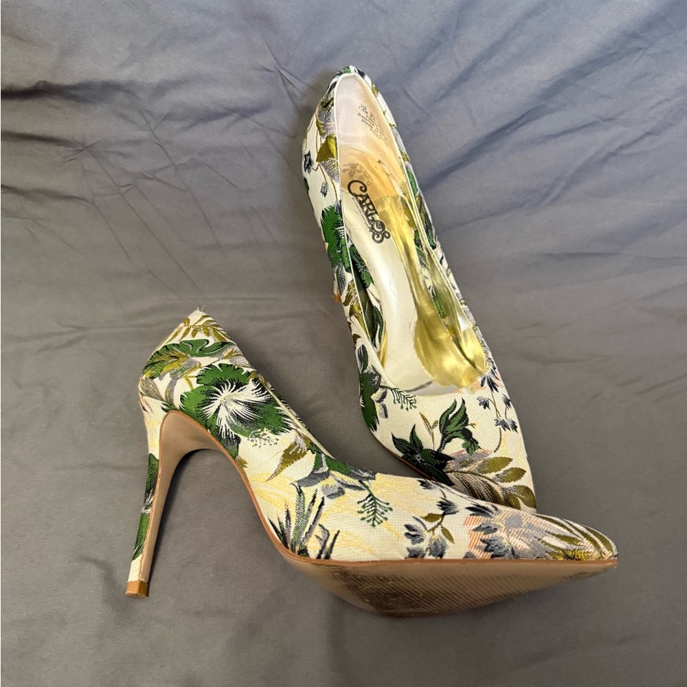 Carlos Sanana Green and Cream Floral Heels